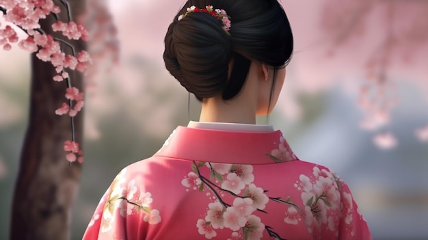 Donna asiatica che indossa kimono tradizionale giapponese e fiori di ciliegio nella primavera del Giappone