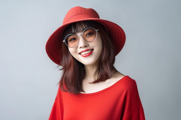 Donna asiatica che indossa maglietta rossa con occhiali e cappello sorridente