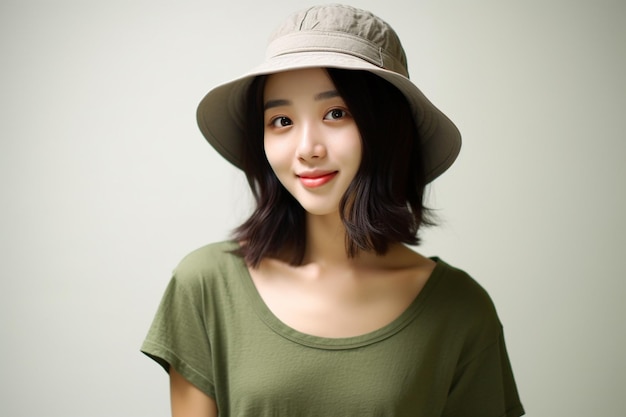 Donna asiatica che indossa maglietta verde oliva e cappello sorridente su sfondo bianco