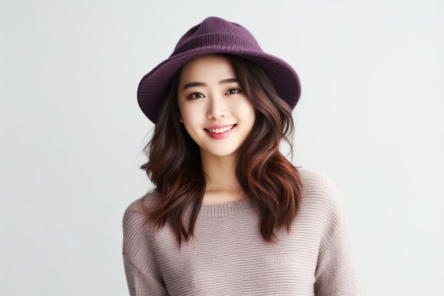 Donna asiatica che indossa maglione e cappello sorridente su sfondo bianco