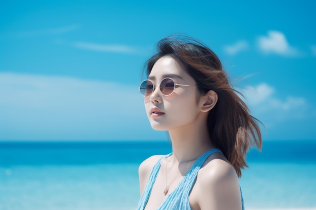 Donna asiatica che indossa occhiali da sole in piedi sulla spiaggia con cielo blu