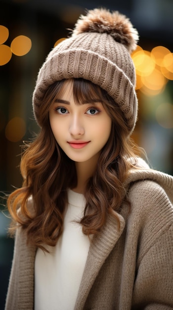 Donna asiatica che indossa un cappotto con un cappello che sorride sullo sfondo sfocato