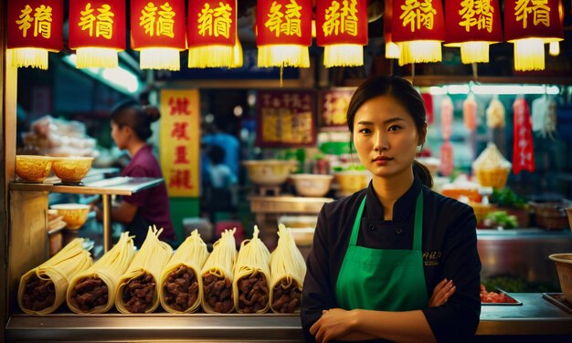 Donna asiatica che indossa un grembiule verde in piedi davanti al bancone del mercato notturno
