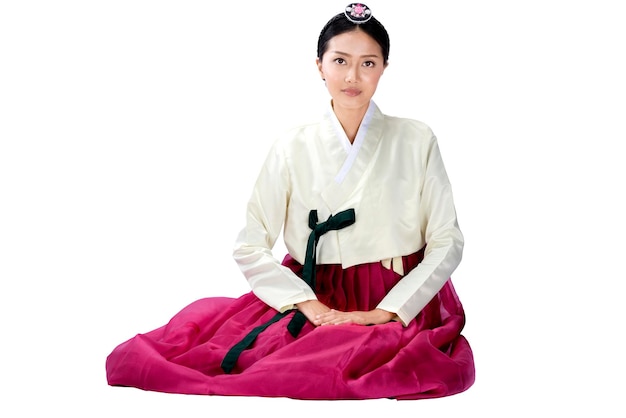 Donna asiatica che indossa un tradizionale costume nazionale coreano Hanbok