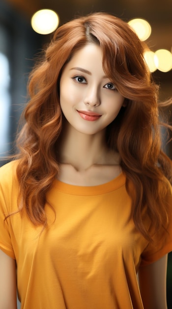 Donna asiatica che indossa una maglietta arancione che sorride sullo sfondo sfocato