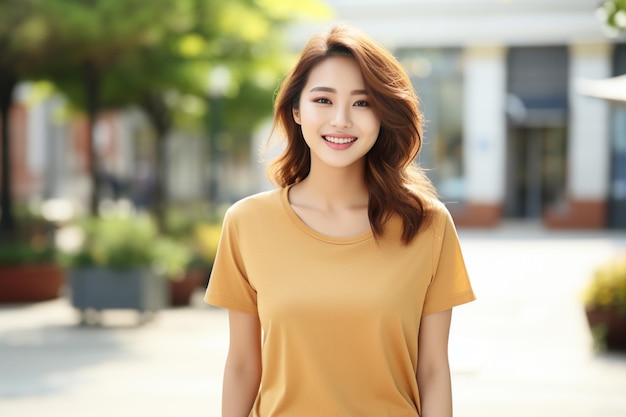 Donna asiatica che indossa una maglietta arancione che sorride sullo sfondo sfocato