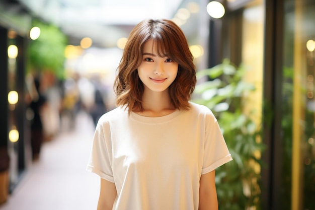 Donna asiatica che indossa una maglietta bianca che sorride sullo sfondo sfocato