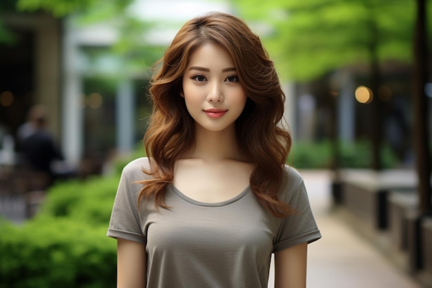 Donna asiatica che indossa una maglietta d'oliva che sorride sullo sfondo sfocato