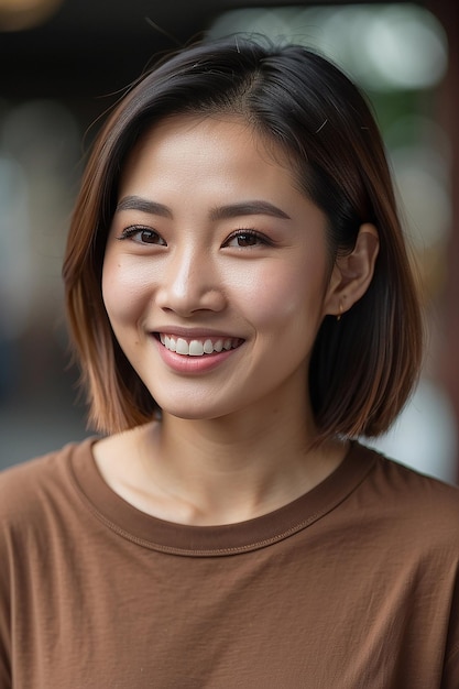 Donna asiatica che indossa una maglietta marrone che sorride sullo sfondo sfocato