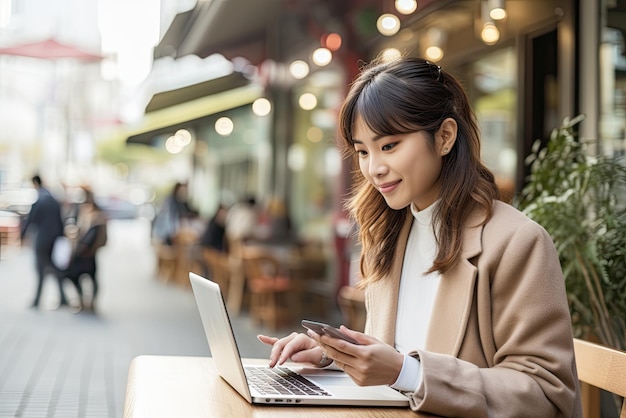 Donna asiatica che lavora al computer