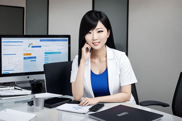 Donna asiatica che lavora presso l'arte generativa dell'ufficio di AI
