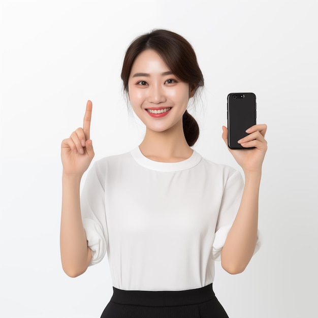 Donna asiatica che mostra un modello di smartphone