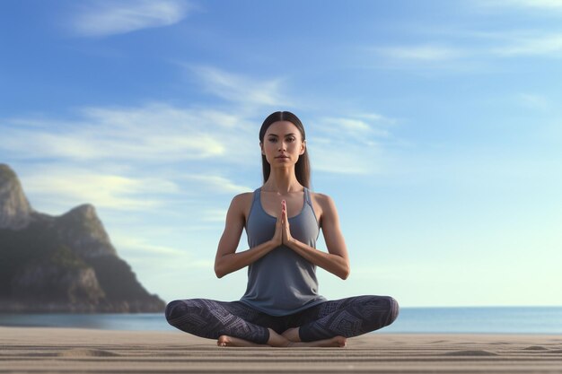 Donna asiatica che pratica yoga su una spiaggia che promuove l'ai generativo