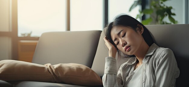 Donna asiatica che si riposa a casa sul divano sentendosi esausta dopo il lavoro senza energia o sovraccarica di lavoro troppo stanca e senza motivazione