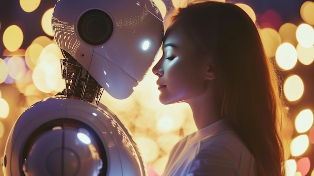 Donna asiatica con cyborg donna o uomo AI e concetto di amore umano Ragazza innamorata e coppia di robot umanoidi Relazione tra robot e donna Relazioni romantiche con intelligenza artificiale