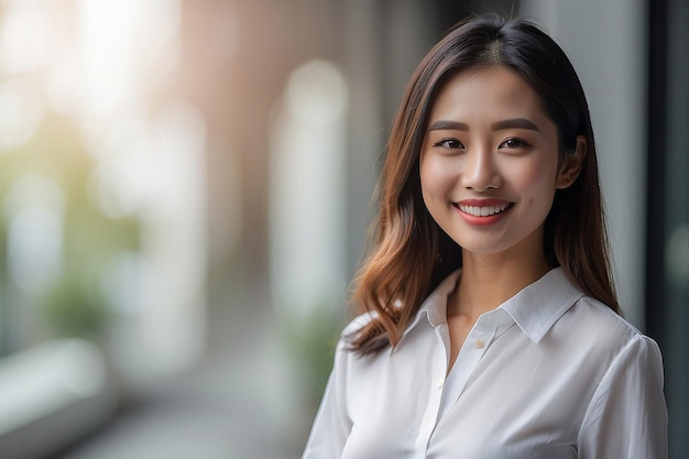Donna asiatica con la camicia bianca che sorride sullo sfondo sfocato