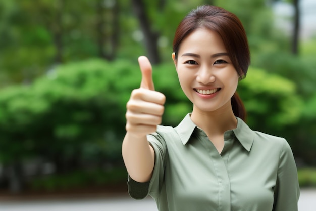 Donna asiatica con la camicia verde e i pollici in alto che sorride sullo sfondo sfocato