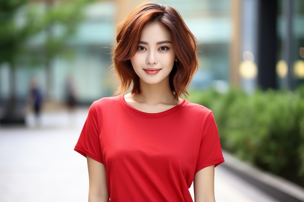 Donna asiatica con la maglietta rossa che sorride sullo sfondo sfocato