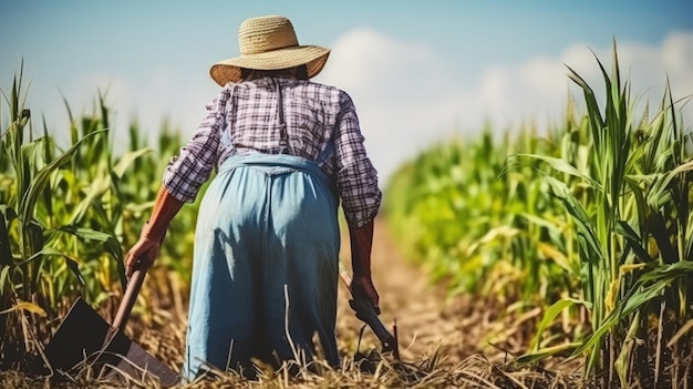 Donna asiatica con un cappello di paglia raccoglie il raccolto di canna da zucchero in un campo in una giornata di sole