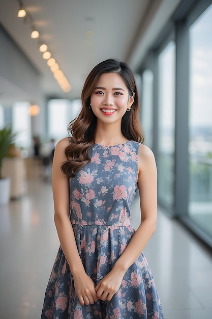 Donna asiatica con un vestito che sorride su uno sfondo sfocato