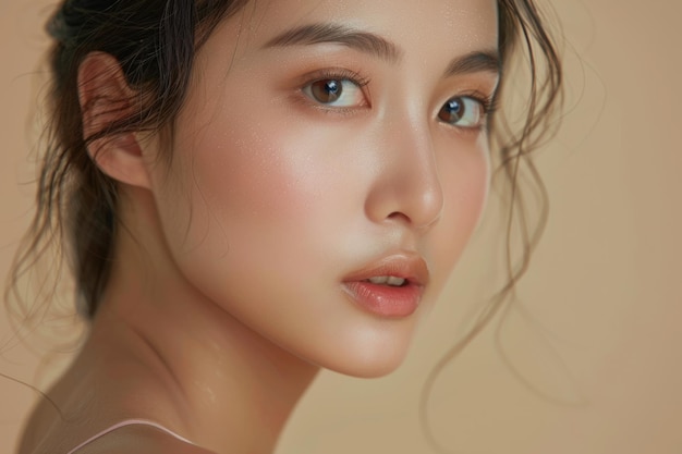 Donna asiatica con un viso fresco su uno sfondo beige bellezza e spa