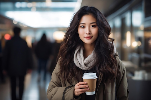 Donna asiatica con una tazza di caffè all'aeroporto