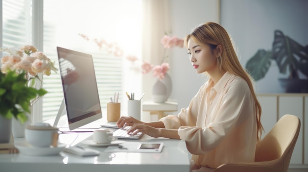 Donna asiatica concentrata alla scrivania del suo computer in ufficio Stile di vita di lavoro remoto