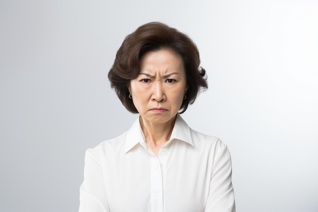 Donna asiatica d'affari di mezza età in abito bianco con espressione arrabbiata