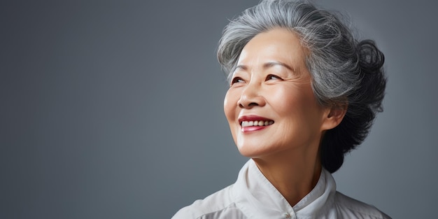 Donna asiatica dai capelli grigi su sfondo chiaro primo piano Foto di alta qualità IA generativa