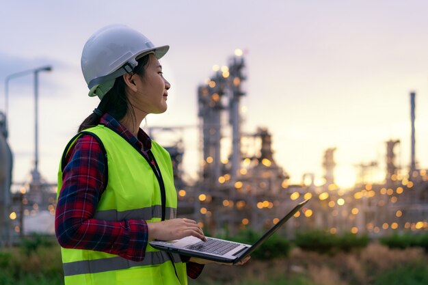 Donna asiatica dell'ingegnere con una maglia di sicurezza sul lavoro