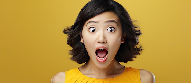 Donna asiatica eccitata che presenta un prodotto con un'espressione sorpresa e felice e bocca aperta guardando lo spazio della copia