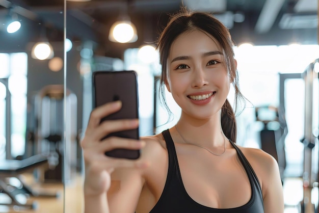 Donna asiatica in abbigliamento sportivo un corpo sottile e bellissimo scatta selfie in palestra