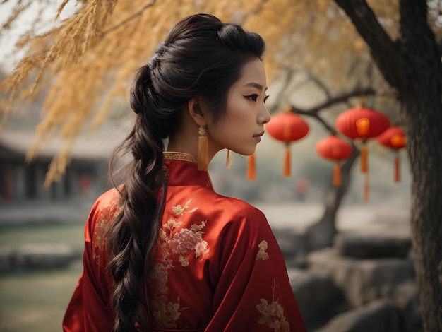 Donna asiatica in abito rosso Cheongsam nel tempio per il Capodanno cinese