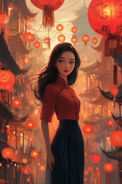 Donna asiatica in città concetto di Capodanno cinese stile cartone animato