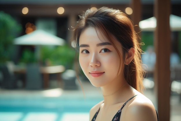 Donna asiatica in costume da bagno nero in piedi accanto alla piscina e sorridente