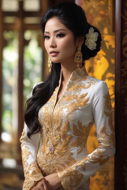 Donna asiatica in Kebaya bianco e dorato