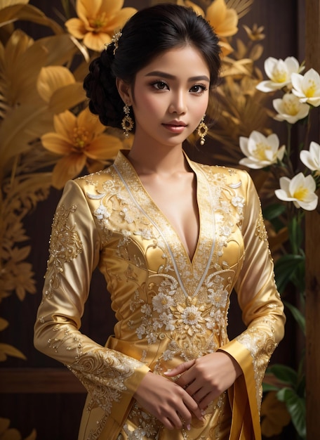 Donna asiatica in kebaya dorato