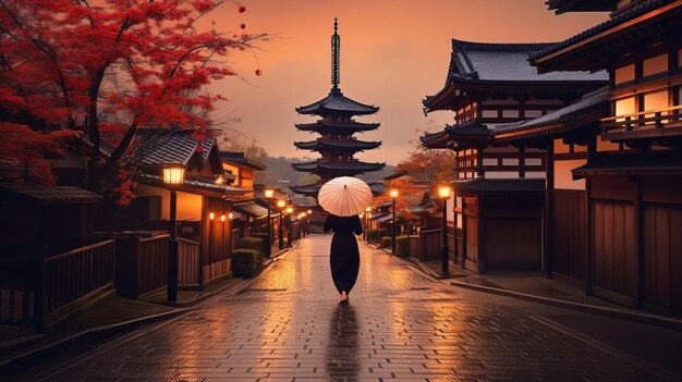Donna asiatica in kimono con ombrello a Kyoto