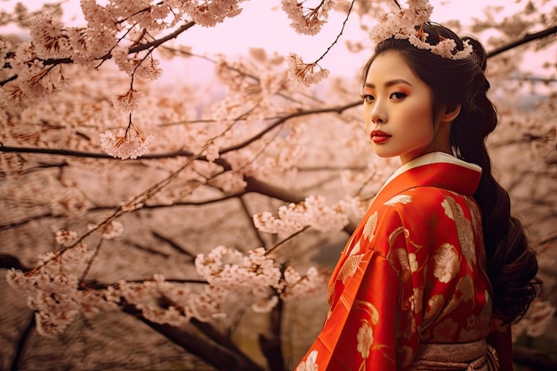 Donna asiatica in kimono nel panoramico giardino dei fiori di ciliegio