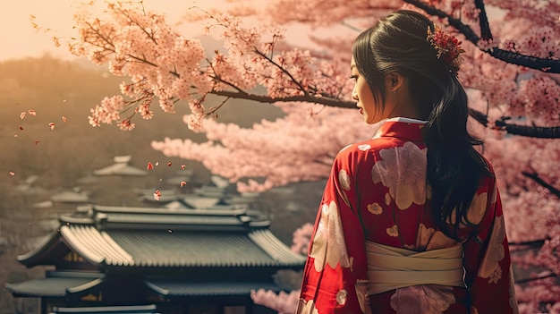 Donna asiatica in kimono nel panoramico giardino dei fiori di ciliegio