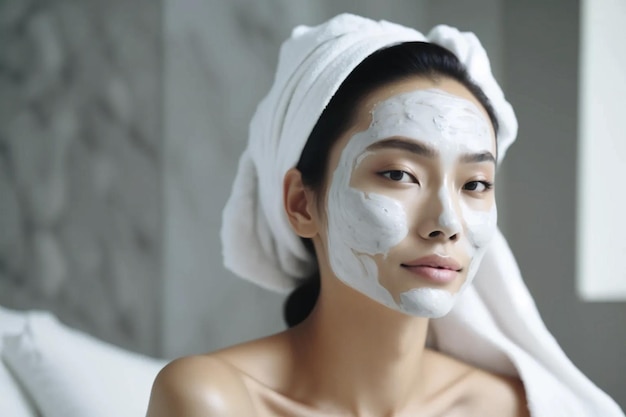 Donna asiatica in una maschera facciale che si rilassa in bagno Generazione AI