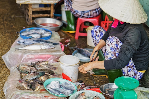 Donna asiatica nel tradizionale cappello vietnamita che taglia, pulisce e vende pesce fresco nel mercato di strada a Hoi An, Vietnam. Senza faccia