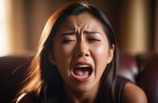 donna asiatica sconvolta che urla e piange in casa shock e crisi emotiva depressione