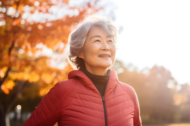 Donna asiatica senior che si esercita all'aperto in un parco