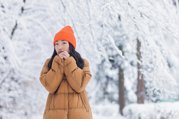 Donna asiatica sola nel parco invernale, triste e depressa, stanca e congelata vestita con abiti caldi