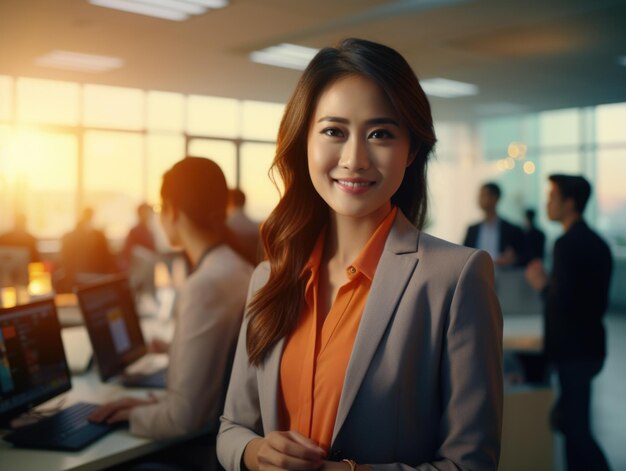 Donna asiatica sorridente di affari che posa nel tramonto dell'ufficio nello stile di emotivamente complesso