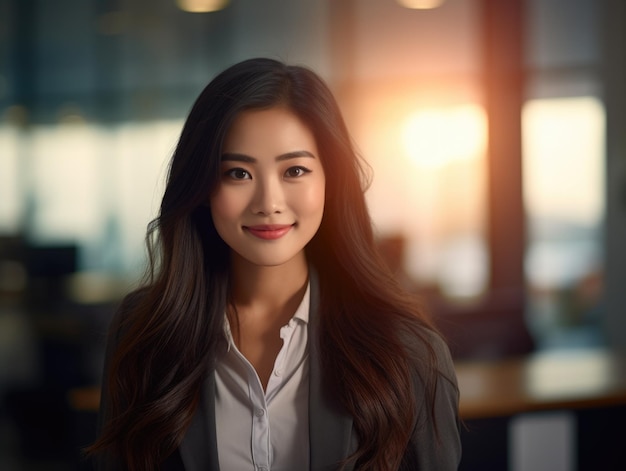 Donna asiatica sorridente di affari che posa nel tramonto dell'ufficio nello stile di emotivamente complesso