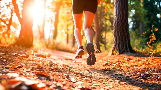 Donna atleta che corre con le scarpe da ginnastica attraverso la foresta con la luce del sole davanti