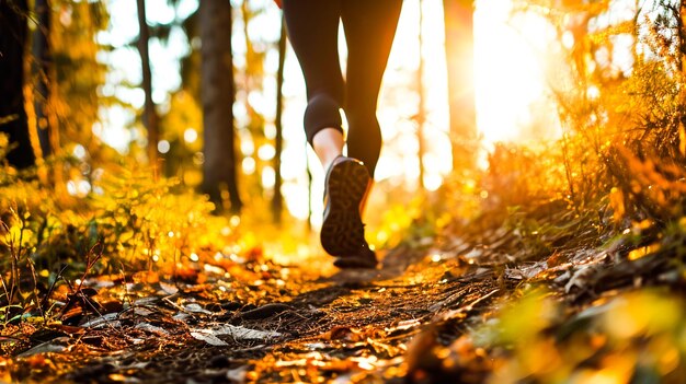 Donna atleta che corre con le scarpe da ginnastica attraverso la foresta con la luce del sole davanti