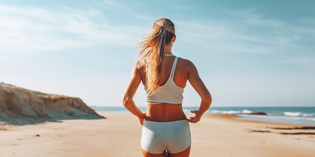 Donna atletica che corre sulla spiaggia Corridore femminile AI generativa